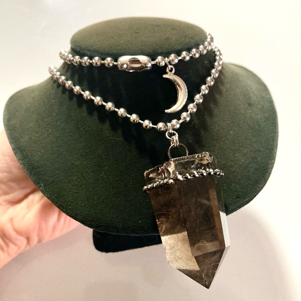 Big black Smokey crystal quartz stone boho charm moon necklace